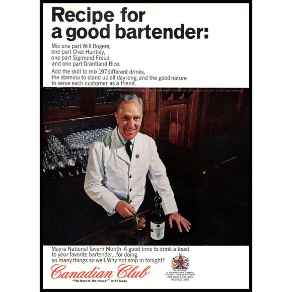 1965 Canadian Club Whisky Whiskey Vintage Print Ad Recipe for Bartender Wall Art - Picture 1 of 1